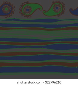 Seamless   pattern  with oriental  motif and stripes, ellipses, waves, spots. Hand drawn.