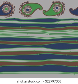 Seamless   pattern  with oriental  motif and stripes, ellipses, waves, spots. Hand drawn.