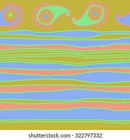 Seamless   pattern  with oriental  motif and stripes, ellipses, waves, spots. Hand drawn.