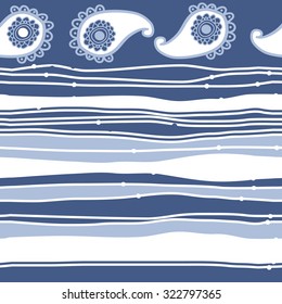 Seamless   pattern  with oriental  motif and stripes, ellipses, waves, spots. Hand drawn.