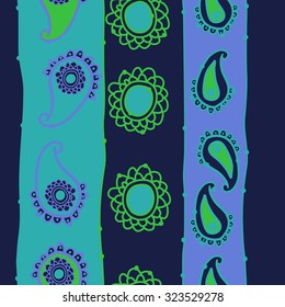 Seamless   pattern  of oriental  motif and stripes,spots, ellipses, waves. Hand drawn.