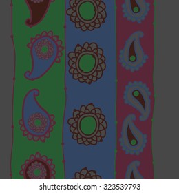 Seamless   pattern  of oriental  motif and stripes,spots, ellipses, waves. Hand drawn.