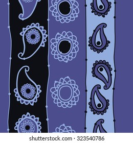 Seamless   pattern  of oriental  motif and stripes,spots, ellipses, waves. Hand drawn.