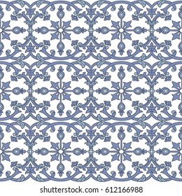Seamless pattern with oriental motifs. Background with filigree ornaments. Blue and white design. Vector illustration