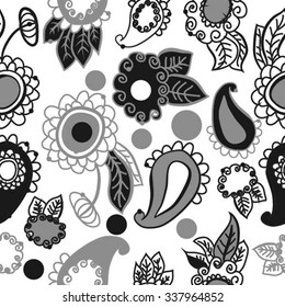 Seamless   pattern of  oriental motifs,  leaves,  spirals,ellipses, doodles. Hand drawn.