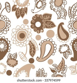 Seamless   pattern of  oriental motifs,  leaves,  spirals,ellipses, doodles. Hand drawn.
