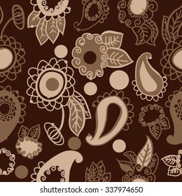 Seamless   pattern of  oriental motifs,  leaves,  spirals,ellipses, doodles. Hand drawn.