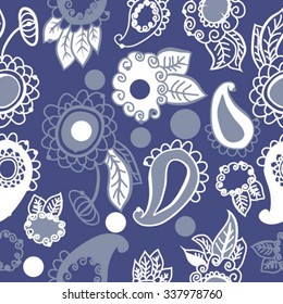 Seamless   pattern of  oriental motifs,  leaves,  spirals,ellipses, doodles. Hand drawn.