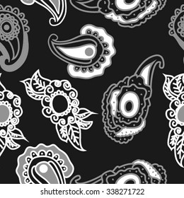 Seamless   pattern of  oriental motifs,  leaves,  spirals,ellipses, doodles. Hand drawn.
