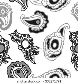 Seamless   pattern of  oriental motifs,  leaves,  spirals,ellipses, doodles. Hand drawn.