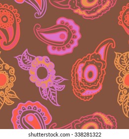 Seamless   pattern of  oriental motifs,  leaves,  spirals,ellipses, doodles. Hand drawn.