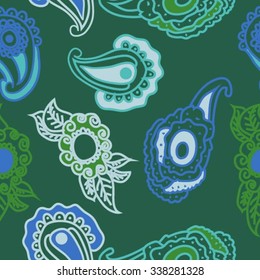 Seamless   pattern of  oriental motifs,  leaves,  spirals,ellipses, doodles. Hand drawn.