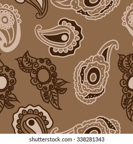Seamless   pattern of  oriental motifs,  leaves,  spirals,ellipses, doodles. Hand drawn.