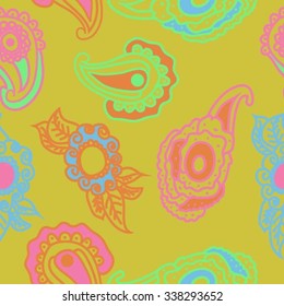 Seamless   pattern of  oriental motifs,  leaves,  spirals,ellipses, doodles. Hand drawn.