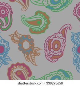 Seamless   pattern of  oriental motifs,  leaves,  spirals,ellipses, doodles. Hand drawn.