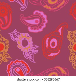 Seamless   pattern of  oriental motifs,  leaves,  spirals,ellipses, doodles. Hand drawn.