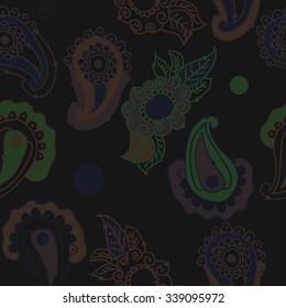 Seamless pattern of oriental motifs, spirals, leaves, ellipses, doodles. Hand drawn.