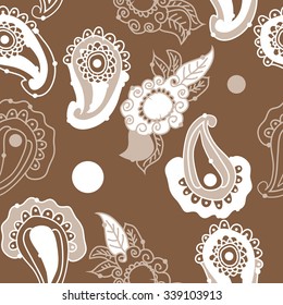 Seamless pattern of oriental motifs, spirals, leaves, ellipses, doodles. Hand drawn.