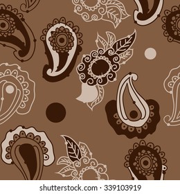 Seamless pattern of oriental motifs, spirals, leaves, ellipses, doodles. Hand drawn.