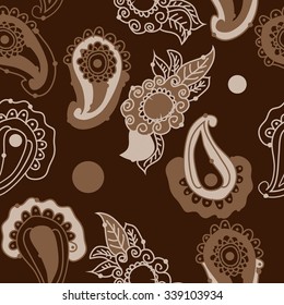 Seamless pattern of oriental motifs, spirals, leaves, ellipses, doodles. Hand drawn.
