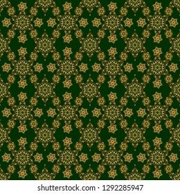 Seamless pattern oriental ornament in baroque style. Green and golden pattern. Traditional classic vector golden pattern.