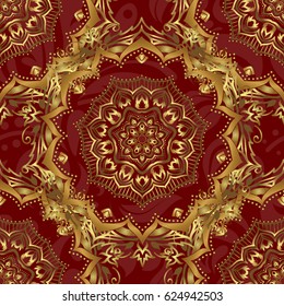 Seamless pattern oriental ornament in baroque style. Traditional classic vector golden pattern. Red and golden pattern.