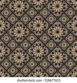 Seamless pattern oriental ornament. Black and golden textile print. Islamic vector design. Floral tiles.