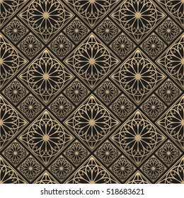 Seamless pattern oriental ornament. Black and golden textile print. Islamic vector design. Floral tiles.