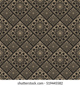 Seamless pattern oriental ornament. Black and golden textile print. Islamic vector design. Floral tiles.