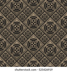Seamless pattern oriental ornament. Black and golden textile print. Islamic vector design. Floral tiles.