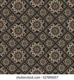 Seamless pattern oriental ornament. Black and golden textile print. Islamic vector design. Floral tiles