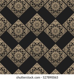 Seamless pattern oriental ornament. Black and golden textile print. Islamic vector design. Floral tiles