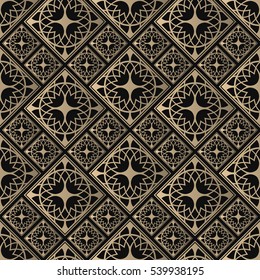 Seamless pattern oriental ornament. Black and golden textile print. Islamic vector design. Floral tiles