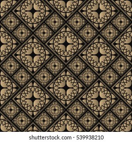 Seamless pattern oriental ornament. Black and golden textile print. Islamic vector design. Floral tiles