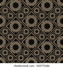 Seamless pattern oriental ornament. Black and golden textile print. Islamic vector design. Floral tiles
