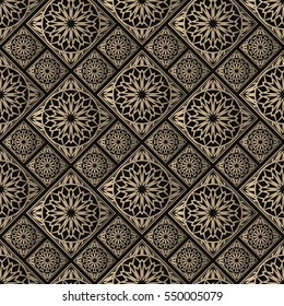 Seamless pattern oriental ornament. Black and golden textile print. Islamic vector design. Floral tiles.