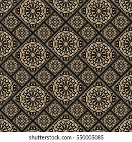 Seamless pattern oriental ornament. Black and golden textile print. Islamic vector design. Floral tiles.
