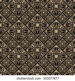 Seamless pattern oriental ornament. Black and golden textile print. Islamic vector design. Floral tiles.