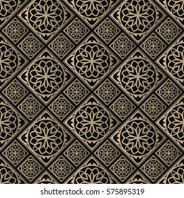 Seamless pattern oriental ornament. Black and golden textile print. Islamic vector design. Floral tiles.