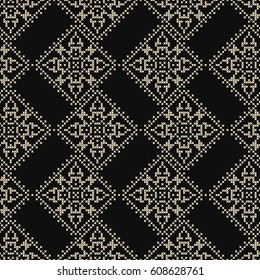 Seamless pattern oriental ornament. Black and golden textile print. Islamic vector design. Embroidery tiles.