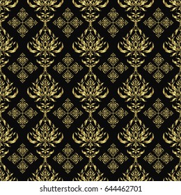 Seamless pattern oriental ornament. Black and golden vintage textile print. Islamic vector design. Gold tiles with floral motif.