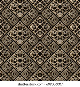 Seamless pattern oriental ornament. Black and golden textile print. Islamic vector design. Floral tiles.