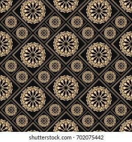 Seamless pattern oriental ornament. Black and golden textile print. Islamic vector design. Floral tiles.