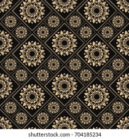 Seamless pattern oriental ornament. Black and golden textile print. Islamic vector design. Floral tiles.