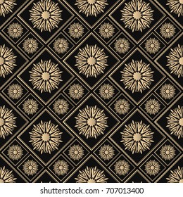 Seamless pattern oriental ornament. Black and golden textile print. Islamic vector design. Floral tiles.