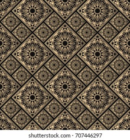Seamless pattern oriental ornament. Black and golden textile print. Islamic vector design. Floral tiles.