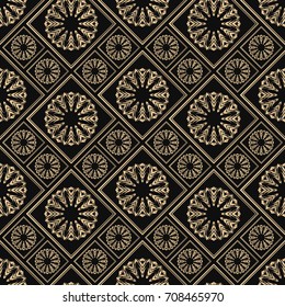 Seamless pattern oriental ornament. Black and golden textile print. Islamic vector design. Floral tiles