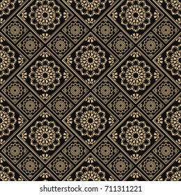 Seamless pattern oriental ornament. Black and golden textile print. Islamic vector design. Floral tiles.