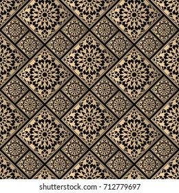 Seamless pattern oriental ornament. Black and golden textile print. Islamic vector design. Floral tiles