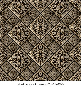 Seamless pattern oriental ornament. Black and golden textile print. Islamic vector design. Floral tiles.